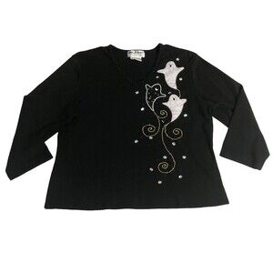 Vintage Jack B Quick Top Womens XL Black Ghost Halloween Embellished 90s